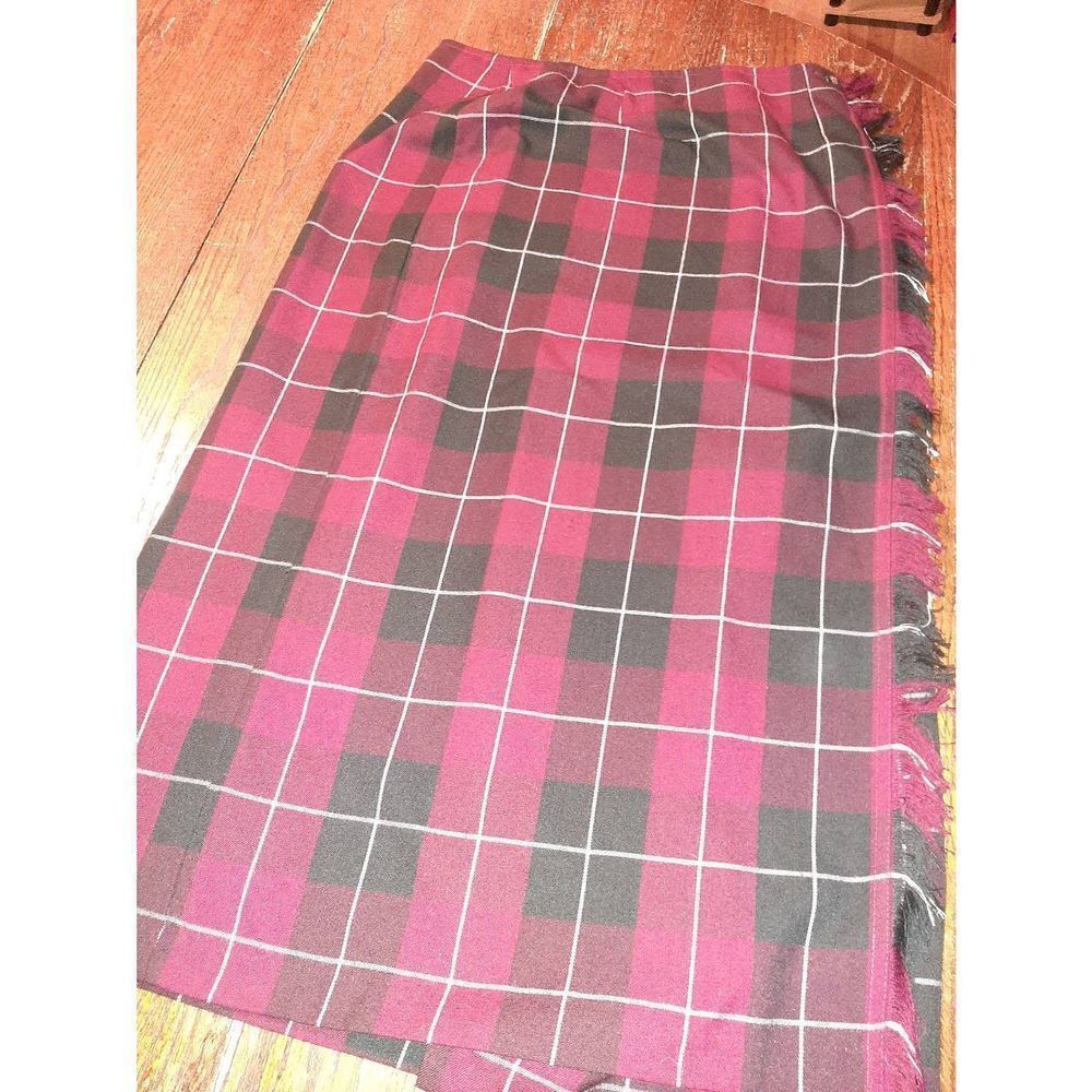 Sz 12 White Stag Burgandy Blue White Plaid Wrap Maxi Skirt w/ Fringe Side Button